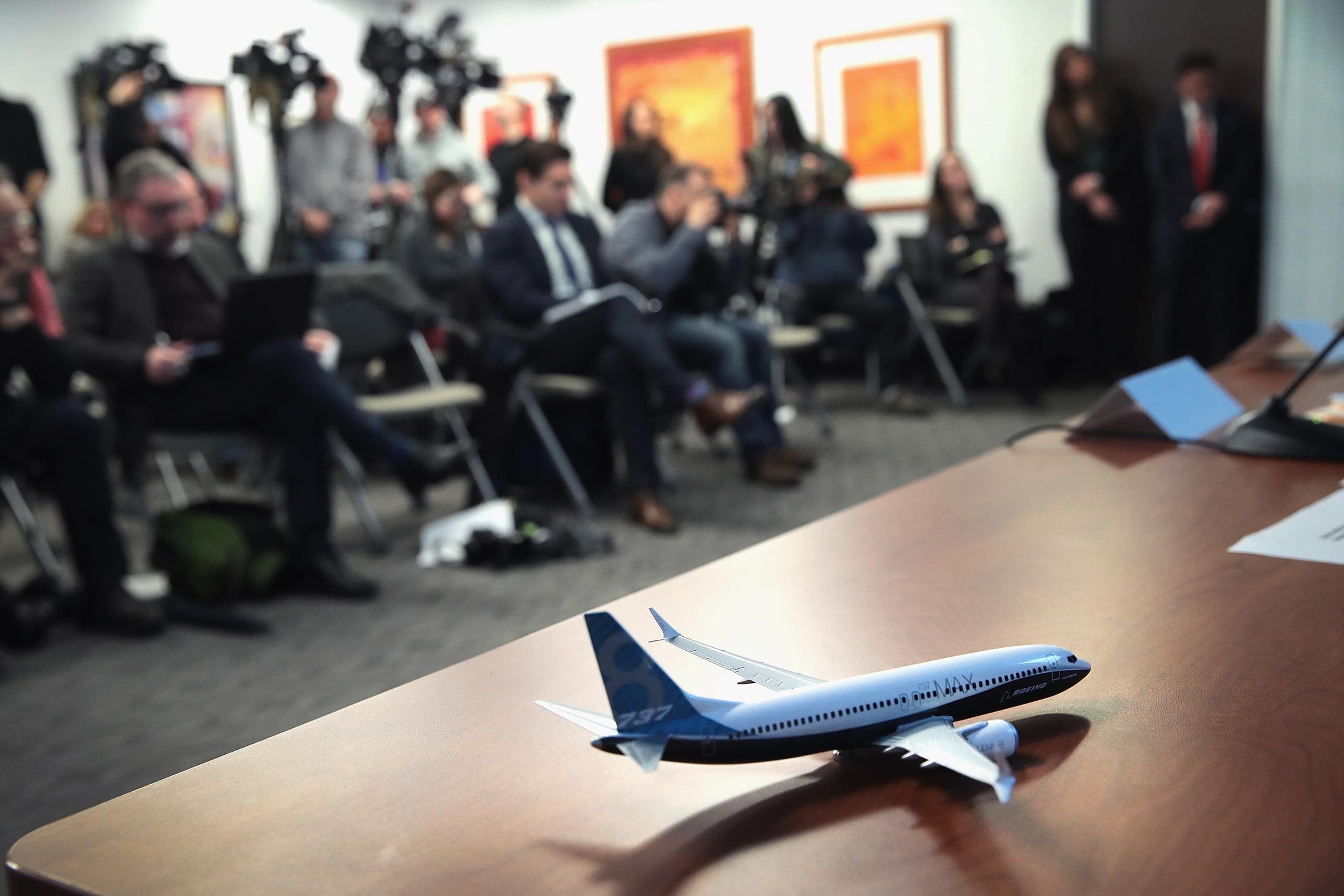 A model of Boeing 737 Max 8 is on the table as attorneys and family members of an Ethiopian Airlines Flight 302 victim hold a press conference in Chicago on April 04, 2019. (AFP)