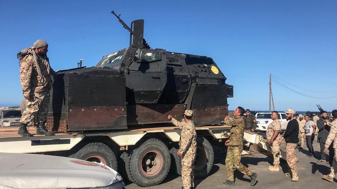 Forces loyal to Libya’s UN-backed unity government arrive in Tajura, a coastal suburb of the Libyan capital Tripoli, on April 6, 2019, from their base in Misrata. (AFP)
