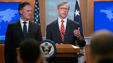 Brian Hook (R), US Special Representative for Iran, and Ambassador Nathan Sales (L), State Department Coordinator for Counterterrorism, speak at a press conference. (AFP)