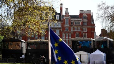 Media tents are pictured on Abingdon Green, as uncertainty over Brexit continues, in central London, on April 10, 2019. (Reuters)