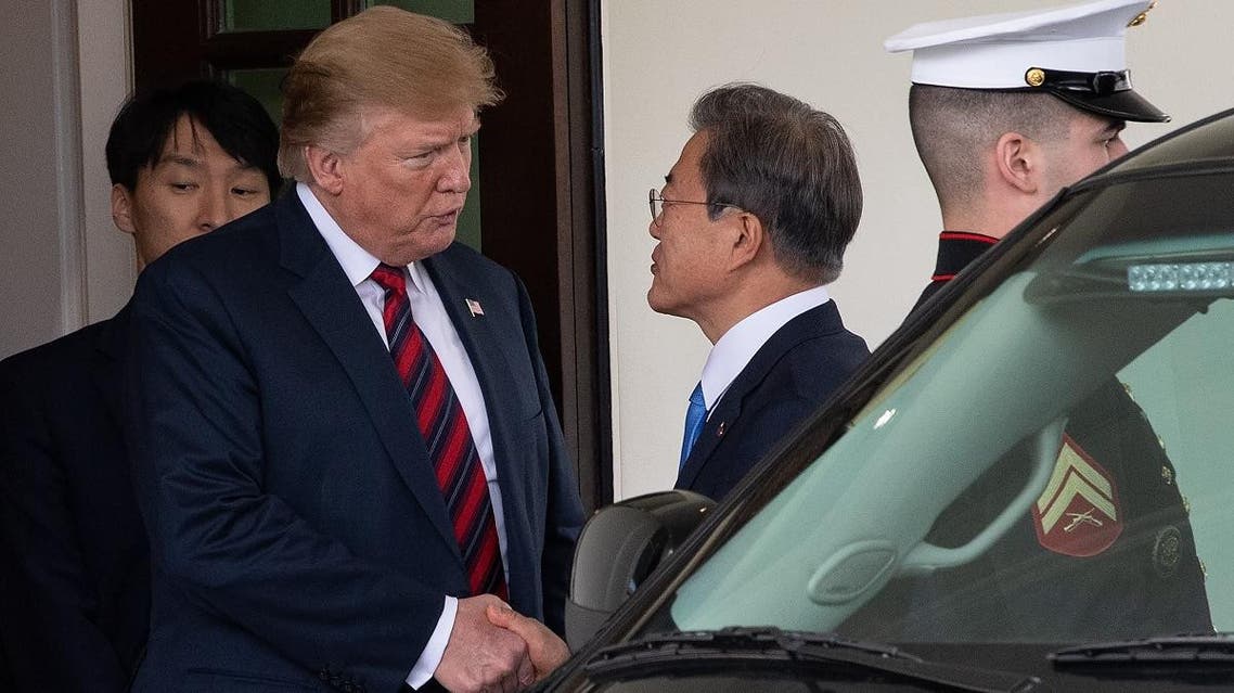 US President Donald Trump bids farewell to South Korean President Moon Jae-in at the White House in Washington, DC, on April 11, 2019. (AFP)