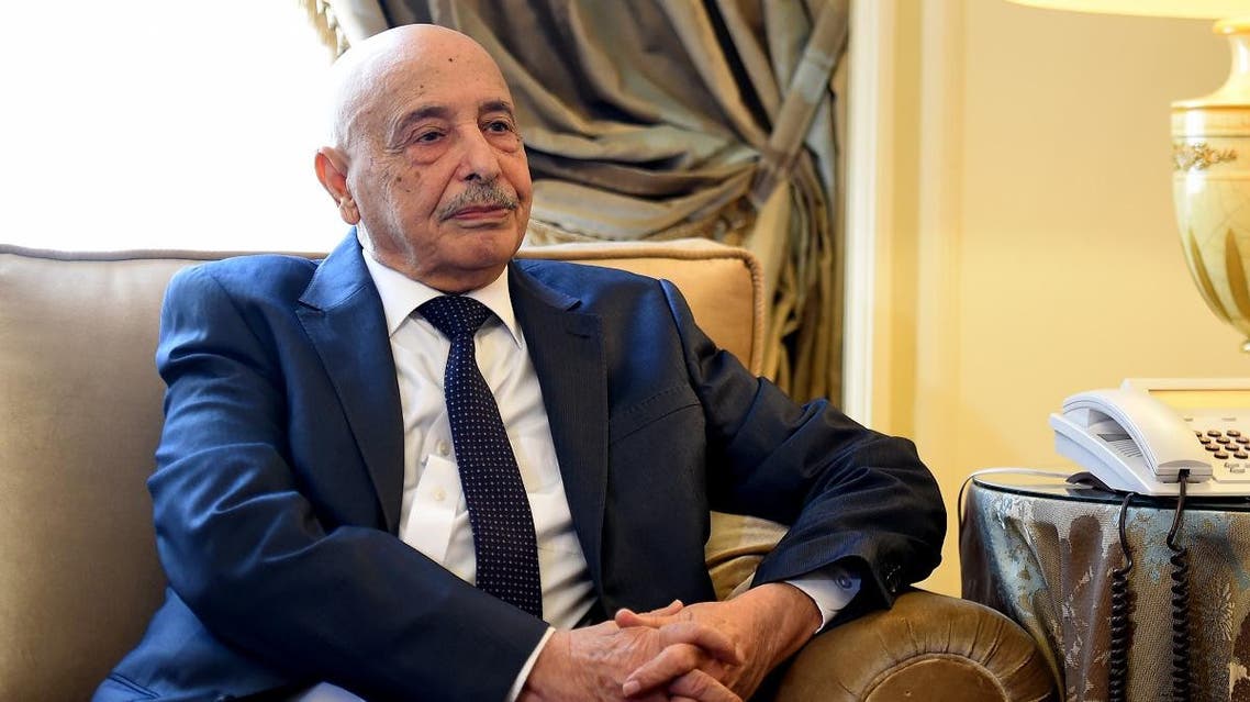 Libya’s Parliament Speaker Aguila Salah Issa meets with Arab League’s secretary general at the Arab League’s headquarters in the Egyptian capital of Cairo on April 8, 2019. (AFP)