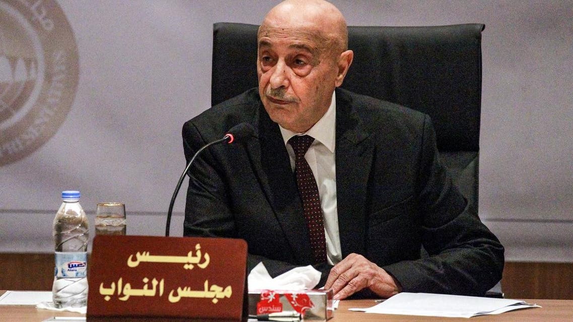 1 Aguila Saleh Issa, speaker of Libya’s fomerly-Tobruk-based House of Representatives which was elected in 2014, chairs the first session for the assembly at its new headquarters in the second city of Benghazi in the eastern part of the country on April 13, 2019. (AFP)