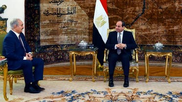 Egyptian President Abdel-Fattah el-Sisi meets with the head of the self-styled Libyan National Army Field Marshal Khalifa Hafter in Cairo. (AP)