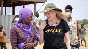 Mia Farrow visiting an internally displaced person’s camp in Juba, South Sudan, on April 2, 2019. (AP)