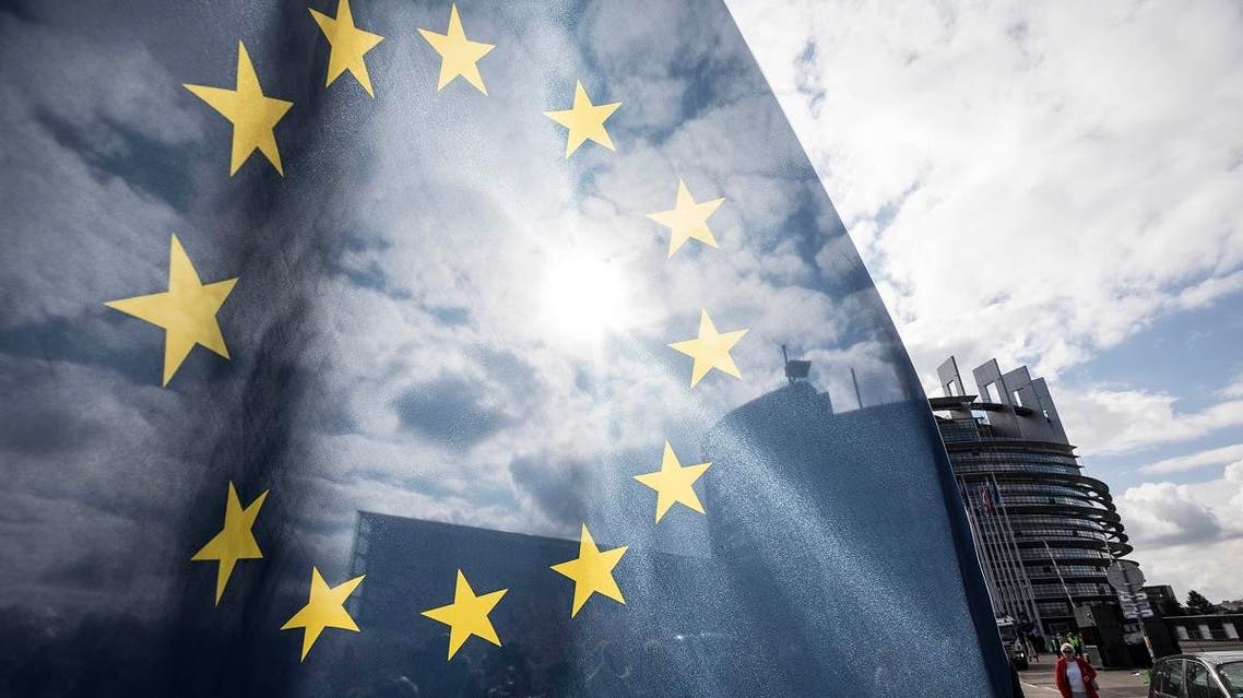 An EU flag flies at the front of the European Parliament building in Strasbourg, France, Tuesday March 26, 2019. The European Parliament is furiously debating the pros and cons of a landmark copyright bill one last time before the legislature will vote on it later. (AP)