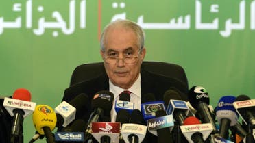 (FILES) In this file photo taken on April 18, 2014, then Algerian Interior Minister Tayeb Belaiz announces the results of the presidential election during a press conference in Algiers. Belaiz, the head of Algeria's constitutional council stepped down today after weeks facing the ire of protesters, state television reported. (AFP)