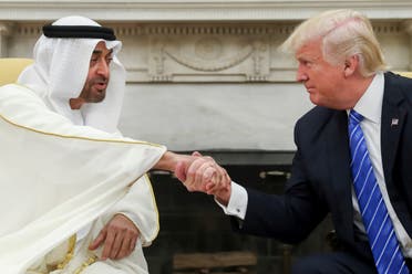 US President Donald Trump shakes hands with Abu Dhabi’s Crown Prince Sheikh Mohamed bin Zayed Al Nahyan, in the White House in Washington on May 15, 2017. (AP)