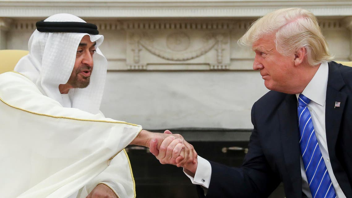 n this May 15, 2017, file photo, President Donald Trump shakes hands with Abu Dhabi’s crown prince, Sheikh Mohammed bin Zayed Al Nahyan, in the White House in Washington. Emails obtained by The Associated Press between business partners Elliott Broidy and George Nader reveal that the pair was working with bin Zayed in a lobbying effort to alter U.S. policy in the Middle East. (AP)