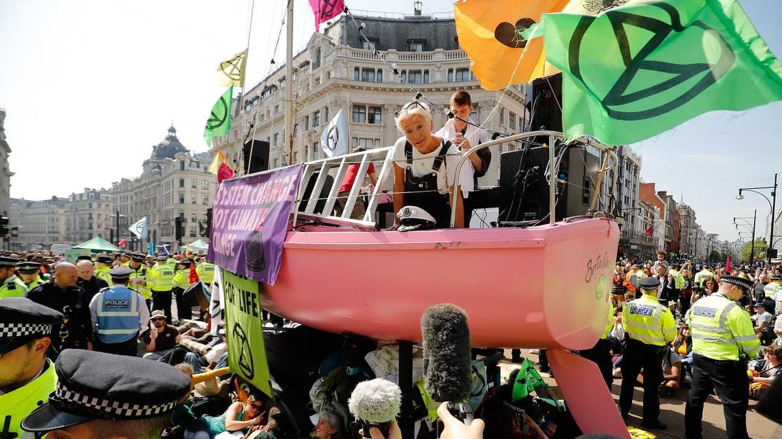 British actress Emma Thompson addressing the media atop a pink boat at Oxford Circus in central London on April 19, 2019. (AFP)