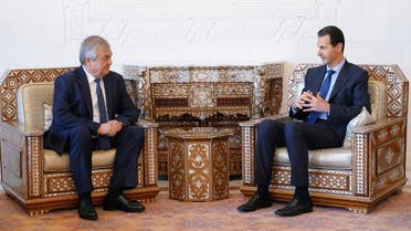 President Bashar al-Assad (R) meeting with Russia’s special envoy on Syria Alexander Lavrentiev in Damascus. (AFP)