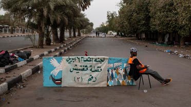 A protester mans a checkpoint at entrance number three to the sit-in inside the Armed Forces Square, in Khartoum, Sudan, Wednesday, April 17, 2019. (AP)