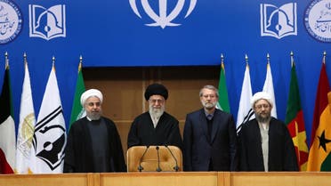 This handout photo provided by the official website of the Center for Preserving and Publishing the Works of Iran's supreme leader, Ayatollah Ali Khamenei, on February 21, 2017 shows (L to R) Iranian President Hasan Rouhani, supreme leader Ayatollah Ali Khamenei , Parliament Speaker Ali Larijani and judiciary chief of judiciary Sadeq Larijani attending the sixth international conference in support of Palestinian intifada (uprising), in Tehran. Khamenei called for the "complete liberation" of Palestine from the "tumour" of Israel, renewing his regime's refusal to recognise Israel's right to exist.