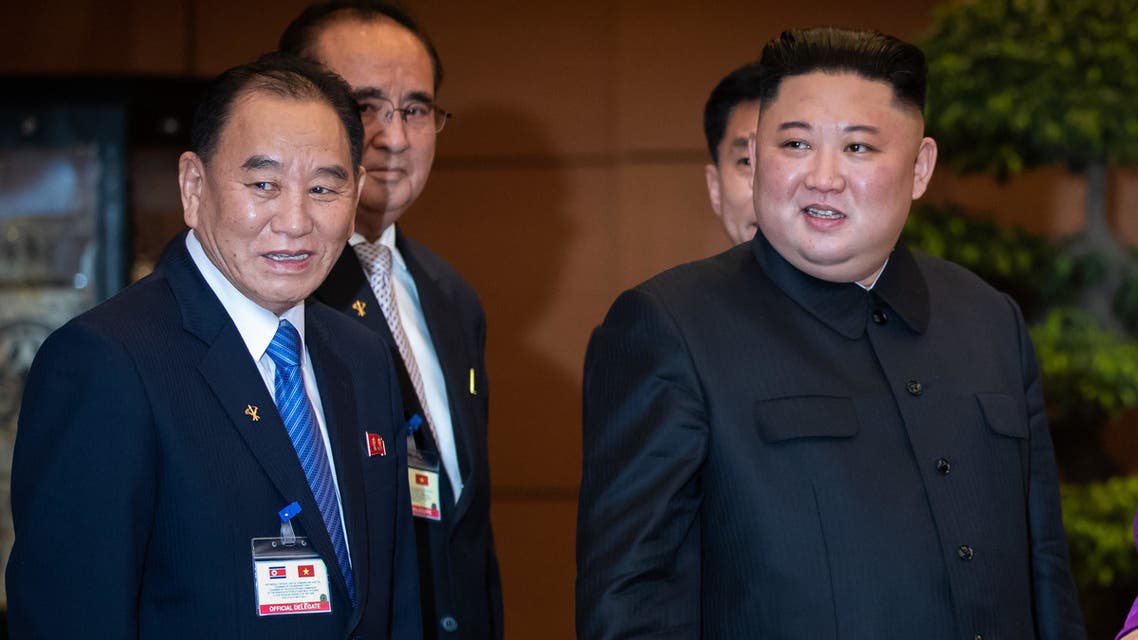 North Korea's leader Kim Jong Un (C) stands with Nguyen Thi Kim Ngan (R), chairwoman of Vietnam’s National Assembly, and Kim Yong Chol (L), vice chairman of workerʼs party of Korea, at the National Assembly in Hanoi on March 1, 2019.