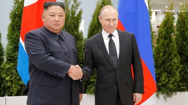 Russian President Vladimir Putin and North Korea's leader Kim Jong Un shake hands during their meeting in Vladivostok, Russia, on April 25, 2019. (Reuters)