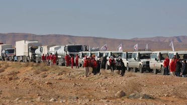 This picture shows an aid convoy of the Red Crescent arriving at the Rukban desert camp for displaced Syrians along Syria’s border with Jordan on February 06, 2019. (AFP)