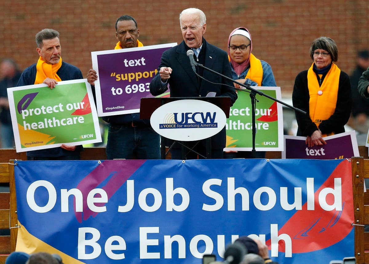 Former vice president Joe Biden speaks at a rally in support of striking Stop & Shop workers in Boston, Thursday, April 18, 2019. (AP)