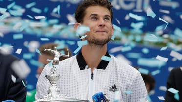 Dominic Thiem of Austria holds the trophy after winning the final of the Barcelona Open Tennis Tournament against Daniil Medvedev of Russia in two sets 6-4, 6-0, on April 28, 2019. (AP)