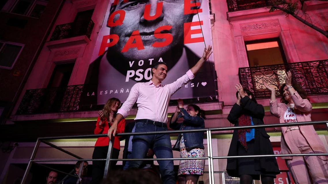 Spain’s Prime Minister Pedro Sanchez of the Socialist Workers’ Party (PSOE) reacts while celebrating the result in Spain’s general election in Madrid, on April 28, 2019. (Reuters)