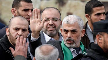 File photo of Hamas’ leader in the Gaza Strip Yahya Sinwar (1st-R) during a rally in Gaza city. (AFP)