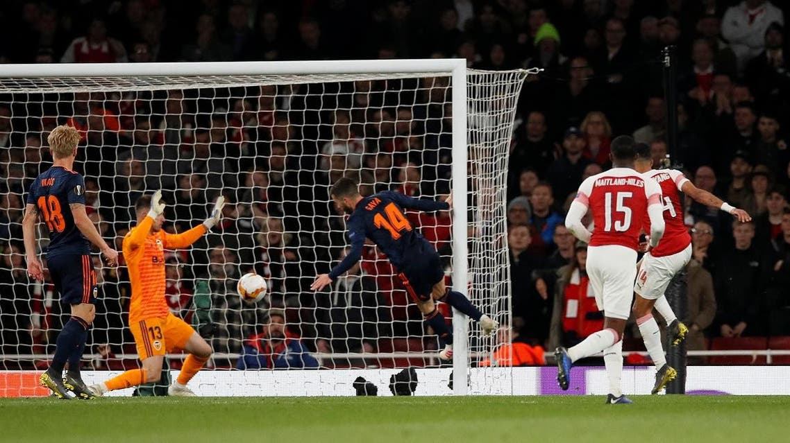 Arsenal’s Pierre-Emerick Aubameyang scores their third goal against Valencia at the Emirates Stadium, London, on May 2, 2019. (Reuters)