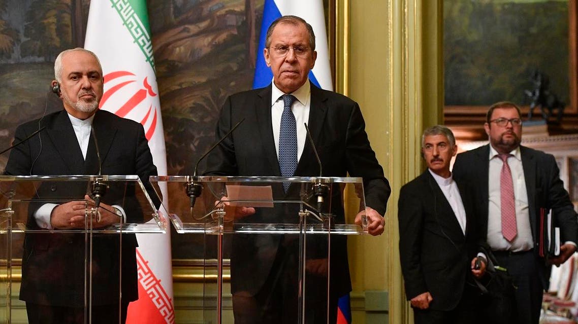 Russian Foreign Minister Sergei Lavrov and his Iranian counterpart Mohammad Javad Zarif give a joint press conference following their talks in Moscow on May 8, 2019. (AFP)