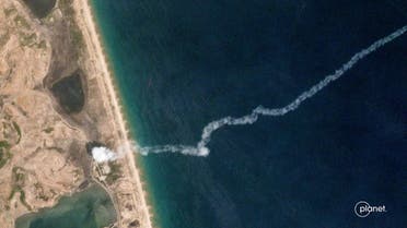 Satellite image of the launch point and exhaust trail of a new short-range ballistic missile test in North Korea on May 4, 2019. (Reuters)