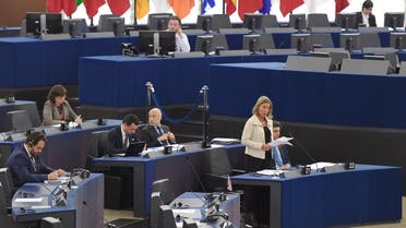 Federica Mogherini speaks during a debate on the consequences and EU’s response to US President’s withdrawal from the Iran nuclear deal in Strasbourg on June 12, 2018. (AFP)