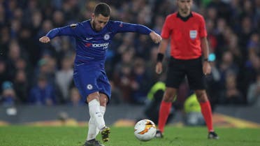 Soccer Football - Europa League Semi Final Second Leg - Chelsea v Eintracht Frankfurt - Stamford Bridge, London, Britain - May 9, 2019 Chelsea's Eden Hazard scores the winning penalty during the shootout (reuters)