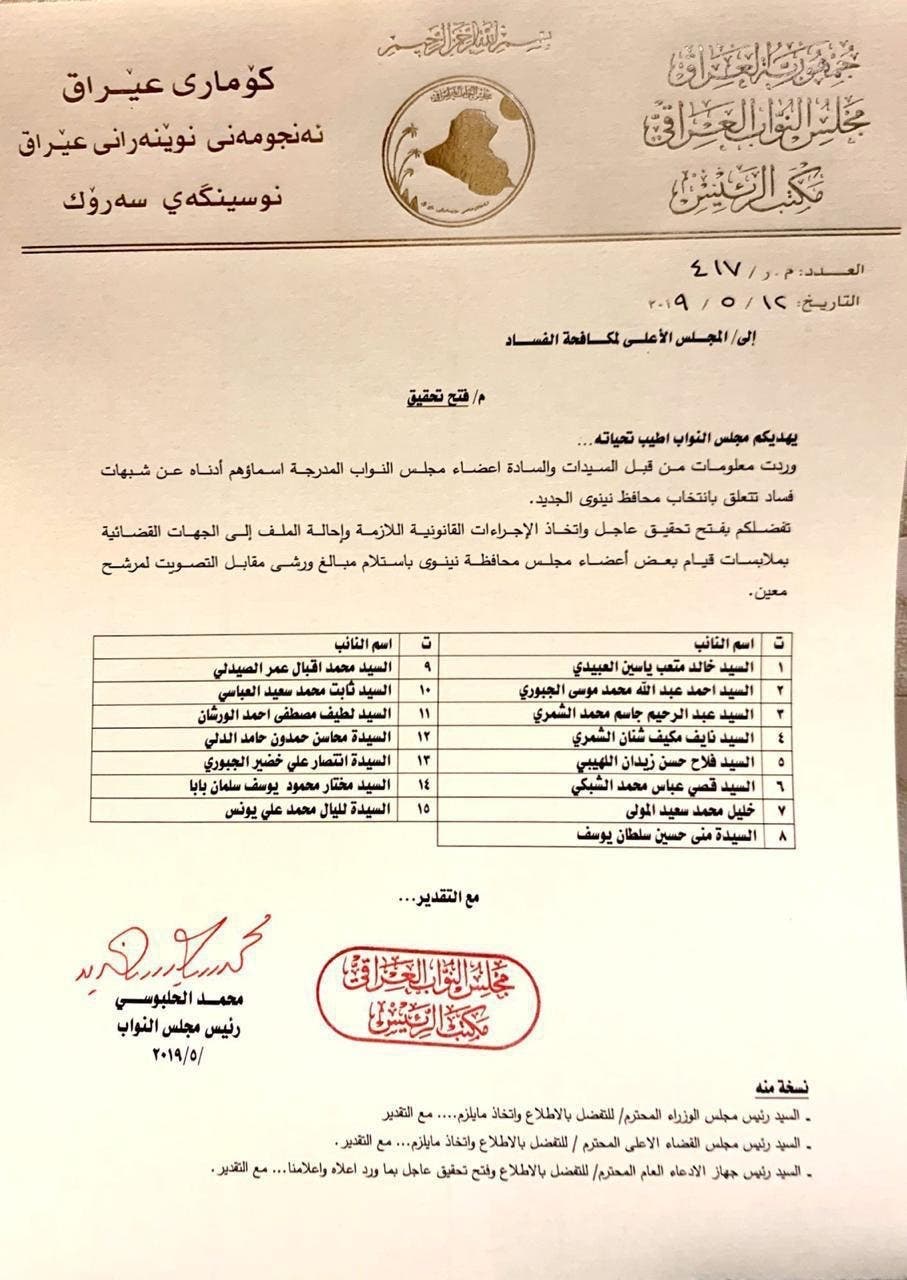 وثيقة رئيس مجلس النواب العراقي محمد الحلبوسي