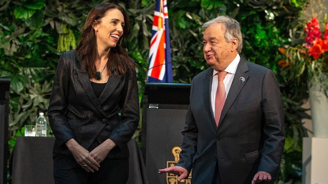 United Nations Secretary-General Antonio Guterres (R) and New Zealand's Prime Minister Jacinda Ardern depart after taking part in a joint press conference during his visit to Government House in Auckland on May 12, 2019. (AFP)