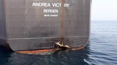 A damaged Andrea Victory ship is seen off the Port of Fujairah, United Arab Emirates. (Reuters)