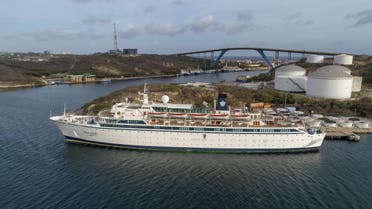 Aerial view of the Freewinds – a Scientology cruise ship – anchored in Willemstad, Curacao, on May 4, 2019. (AFP)
