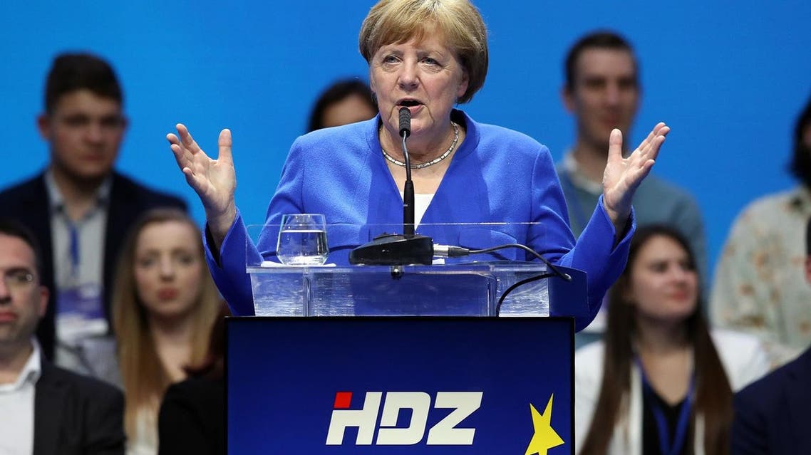German Chancellor Angela Merkel delivers a speech during the European People's Party (EPP) and the Croatian Democratic Union (HDZ) campaign rally for the European Parliament elections in Zagreb, on May 18, 2019. (AFP)