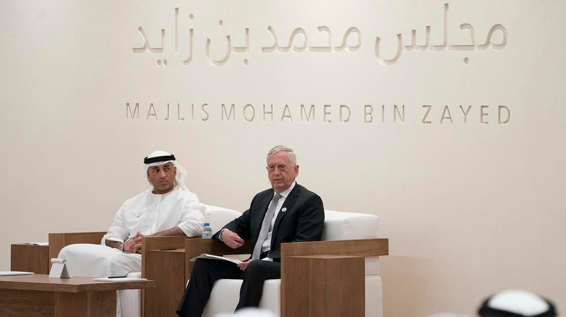 Jim Mattis, former US Secretary of Defense, right, prepares to deliver a lecture “The Value of the UAE - US Strategic Relationship” in Abu Dhabi, United Arab Emirates. (AP)