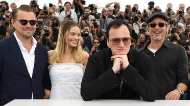 Actors Leonardo DiCaprio, from left, Margot Robbie, director Quentin Tarantino, actor Brad Pitt pose for photographers at the photo call for the film 'Once Upon a Time in Hollywood' at the 72nd international film festival, Cannes, southern France, Wednesday, May 22, 2019. (AP)
