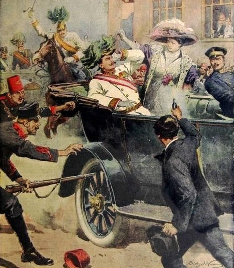 رسم تخيلي لحادثة اغتيال ولي عهد النمسا فرانز فرديناند