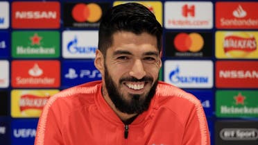 Luis Suarez attends a press conference at Anfield stadium in Liverpool, north west England on on May 6, 2019. (AFP)