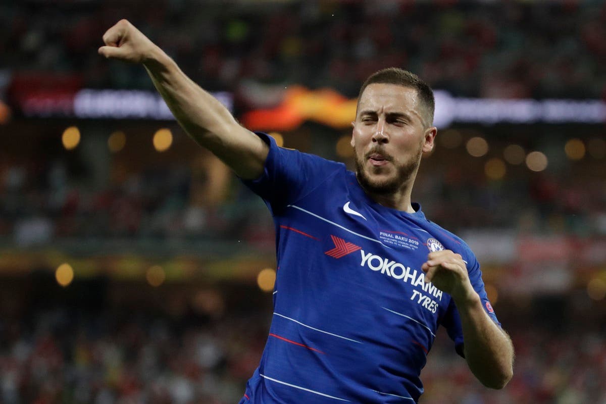 Chelsea’s Eden Hazard celebrates after scoring his side’s fourth goal during the Europa League Final soccer match between Arsenal and Chelsea at the Olympic stadium in Baku, Azerbaijan, Wednesday, May 29, 2019. (AP)