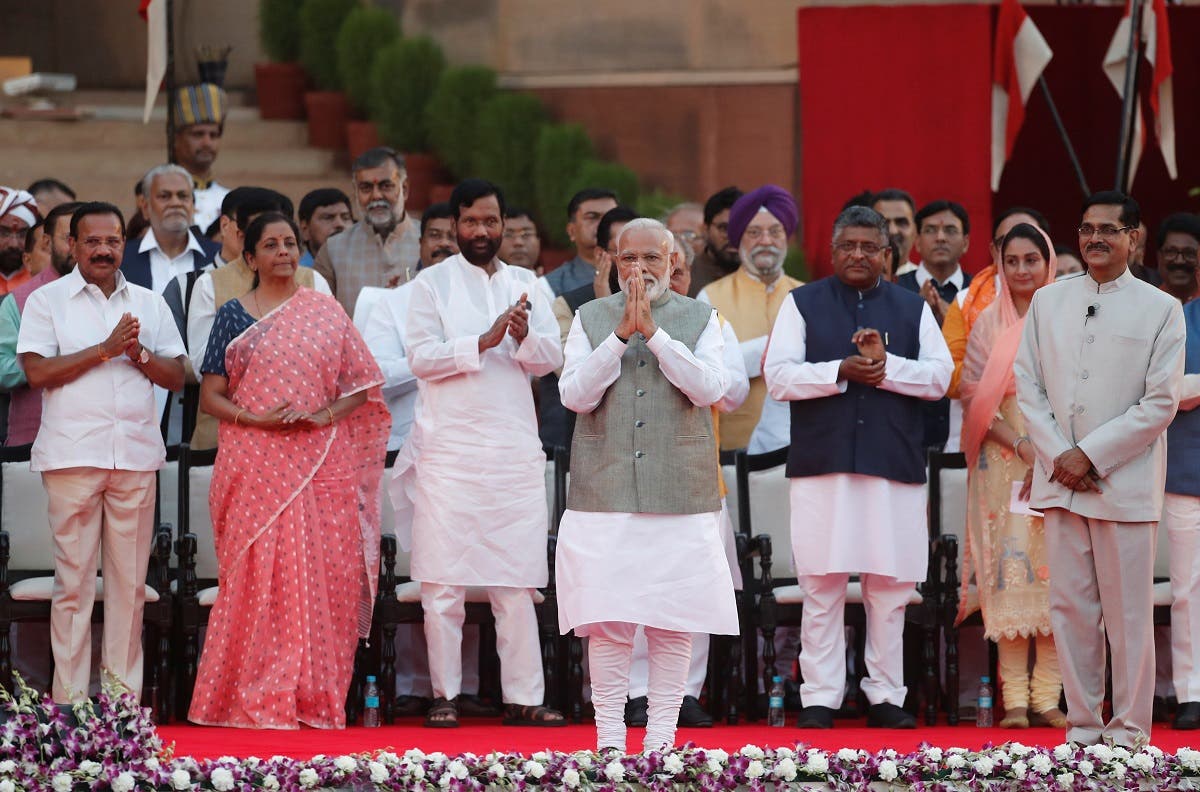India’s Prime Minister Narendra Modi gestures towards supporters after his oath during a swearing-in ceremony at the presidential palace in New Delhi, India May 30, 2019. (Reuters)