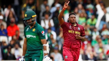 West Indies’ Oshane Thomas celebrates taking the wicket of Pakistan’s Wahab Riaz in their World Cup opener at Trent Bridge on May 31, 2019. (Reuters)