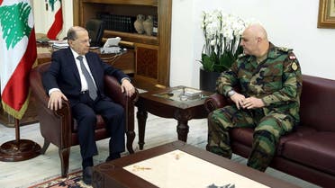 President Michel Aoun (L) meeting army chief, General Joseph Aoun. (AFP)