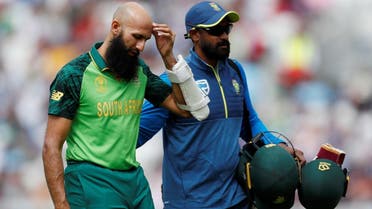 South Africa's Hashim Amla retires from the match after being hurt by a ball from England’s Jofra Archer at the Oval, London, on May 30, 2019. (Reuters)