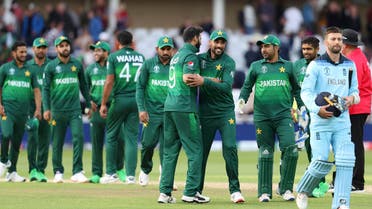 Pakistan players congratulate each other after victory over England in the Cricket World Cup match in Nottingham on June 3, 2019. (AP)
