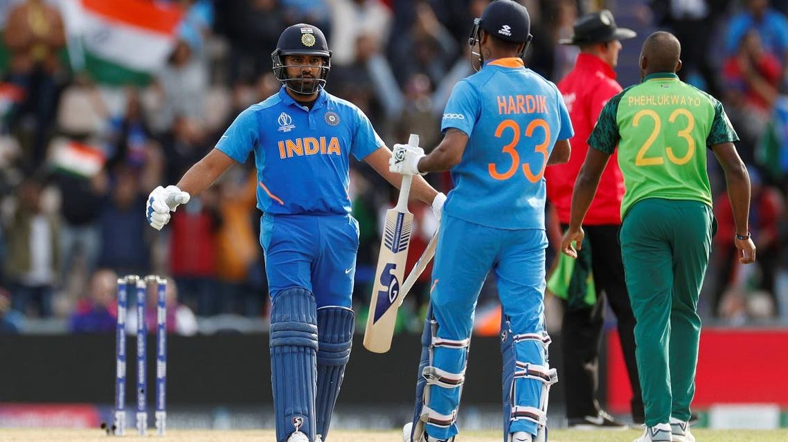 India’s Rohit Sharma and Hardik Pandya celebrate at the end of the match against South Africa, at The Ageas Bowl, Southampton, Britain, on June 5, 2019. (Reuters)