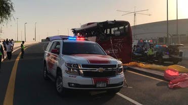 This image released by Dubai Police Headquarters shows the aftermath of a bus crash on Friday, June 7, 2019, in Dubai, UAE. (AP)