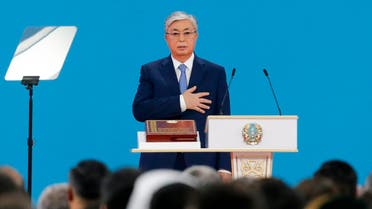Kazakhstan’s President-elect Tokayev takes the oath of office during his inauguration ceremony in Nur-Sultan, on June 12, 2019. (AP)