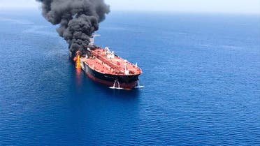 An oil tanker is on fire in the sea of Oman, Thursday, June 13, 2019. (AP)