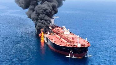 An oil tanker is seen after it was attacked at the Gulf of Oman, in waters between Gulf Arab states and Iran, June 13, 2019. (Reuters)