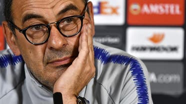 Maurizio Sarri at a press conference at Chelsea Training Ground, in Cobham, Surrey. (AFP)
